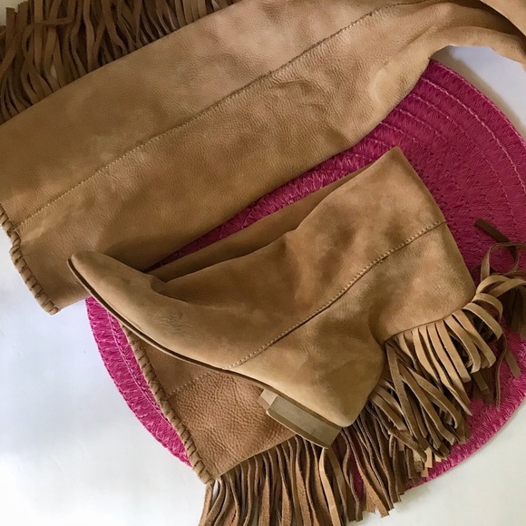 Zara Woman Knee High Suede Fringe Brown Boots - Picture 1 of 7